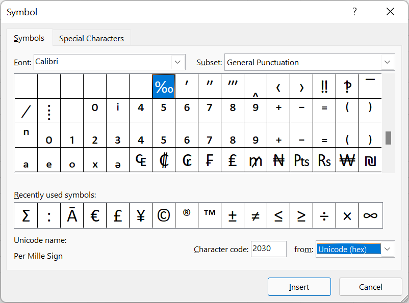 Insert the per mille sign from the Symbol window.