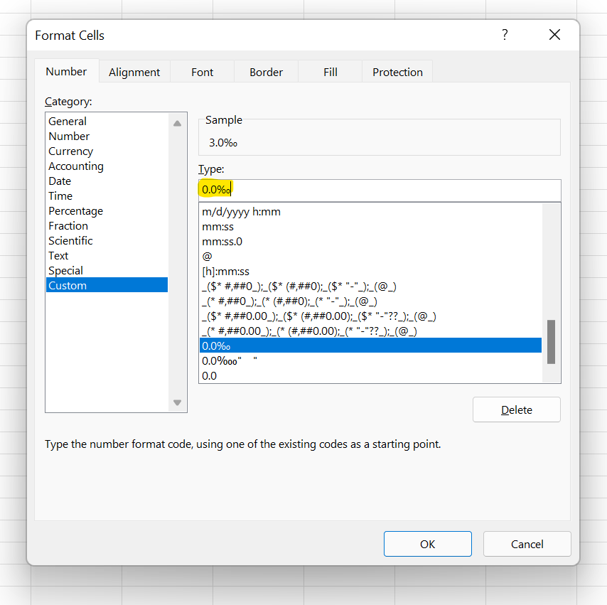 Use a custom number format to add the per mille sign.