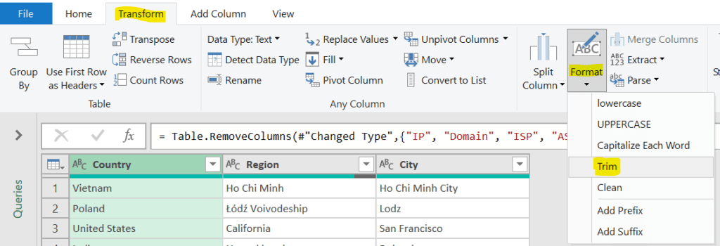 Insert TRIM with PowerQuery.