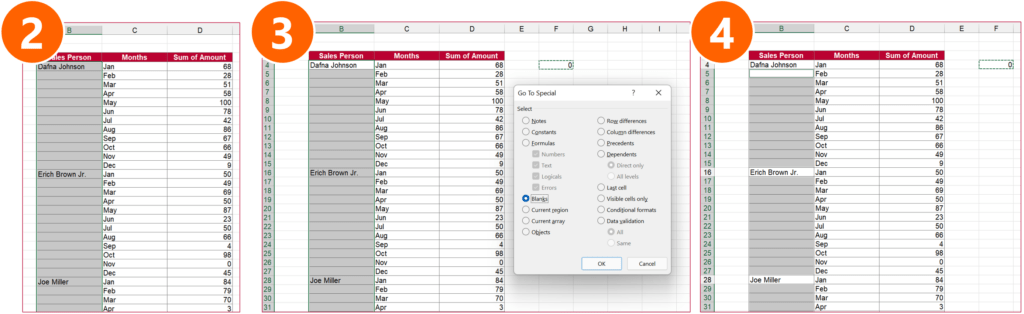 Steps 2-4: Select all blank cell.s