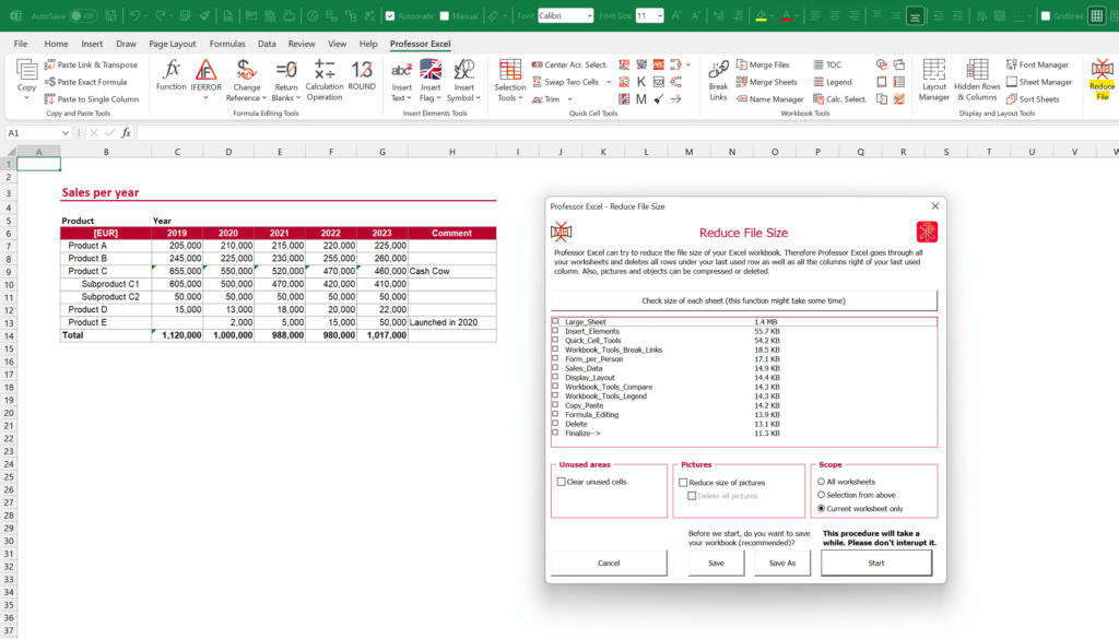 File big? Check the file size of each worksheet with Professor Excel Tools.