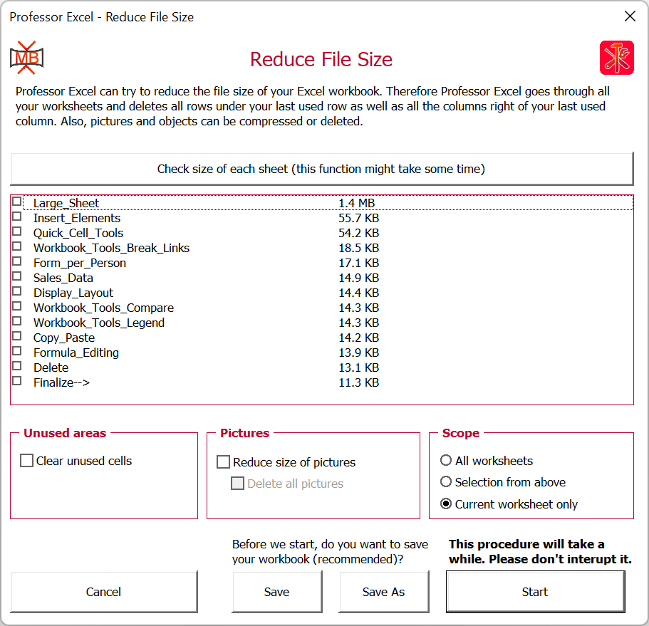 The overview lists all worksheets with their respective file sizes.