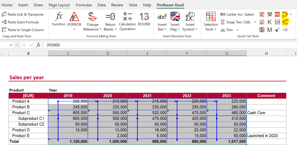 Use Professor Excel Tools to bulk trace dependents and precedents for many cells.