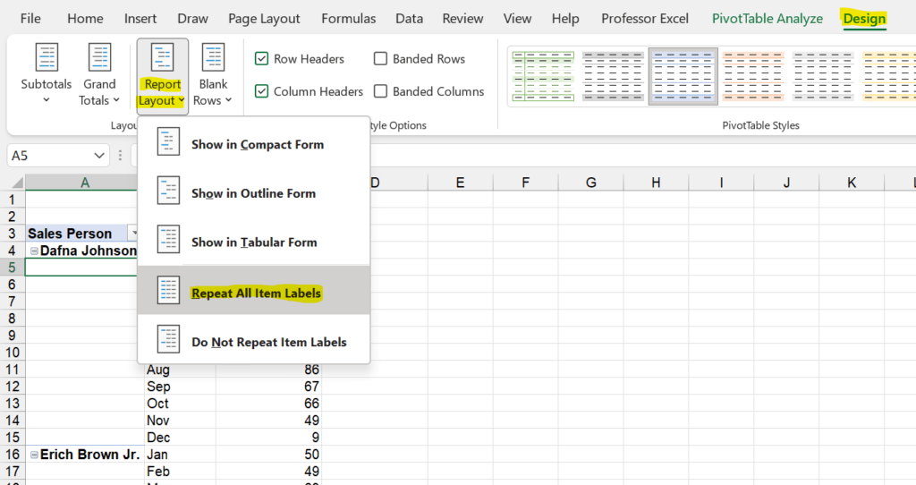 Fill down cells in PivotTables by selecting the option to "Repeat all Item Labels".