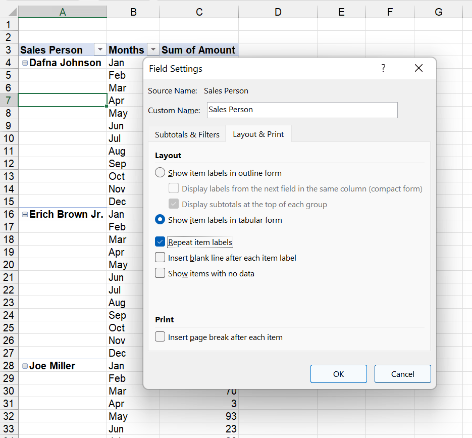 You can alternatively only repeat item labels for one column in a PivotTable.