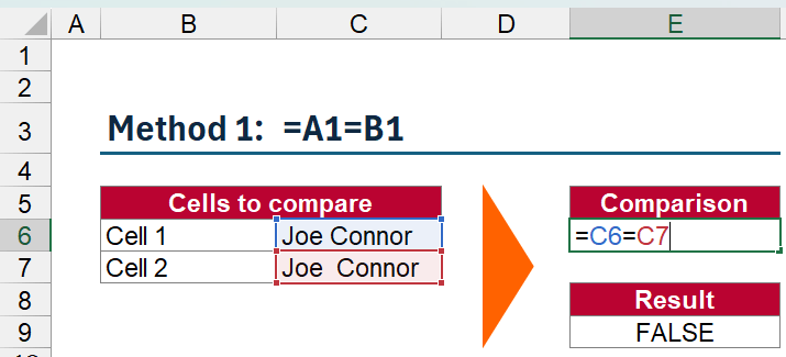 For two cellls: Just type =C6=C7 - it returns TRUE, if the values are equal and FALSE, if not.